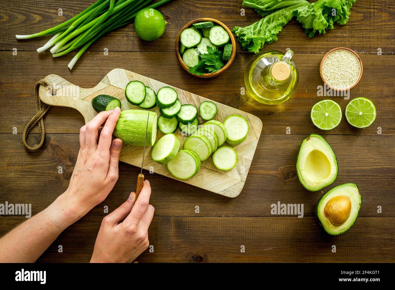 Raw vegetables diet. Green vegetables and fruits ready to eat Stock