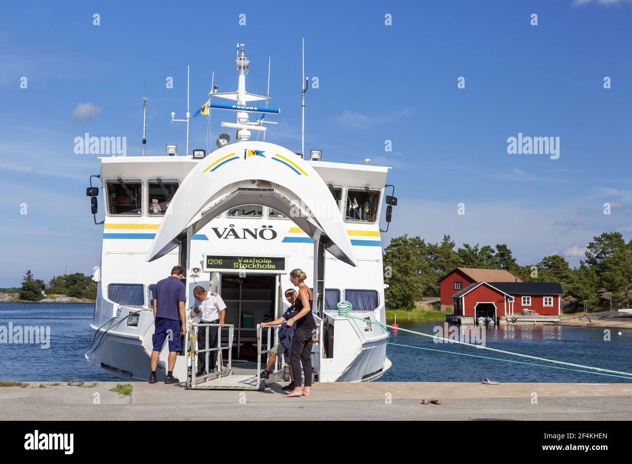 geography / travel, Sweden, Stockholm laen, Stockholm skårgården, ferry boat Vånoe in the harbour Lang, Additional-Rights-Clearance-Info-Not-Available Stock Photo