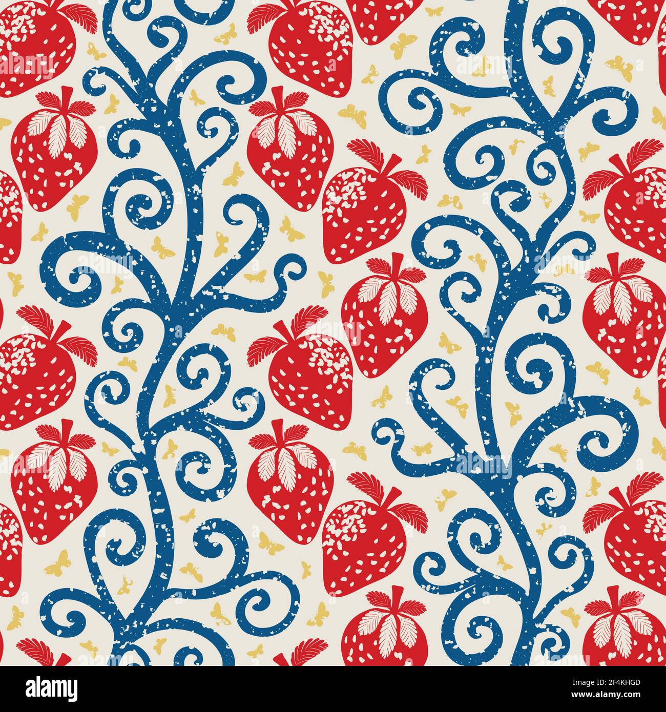 Strawberry linocut Indian Florals style seamless vector pattern background. Winding stems with berries and butterflies. Red blue yellow white design Stock Vector