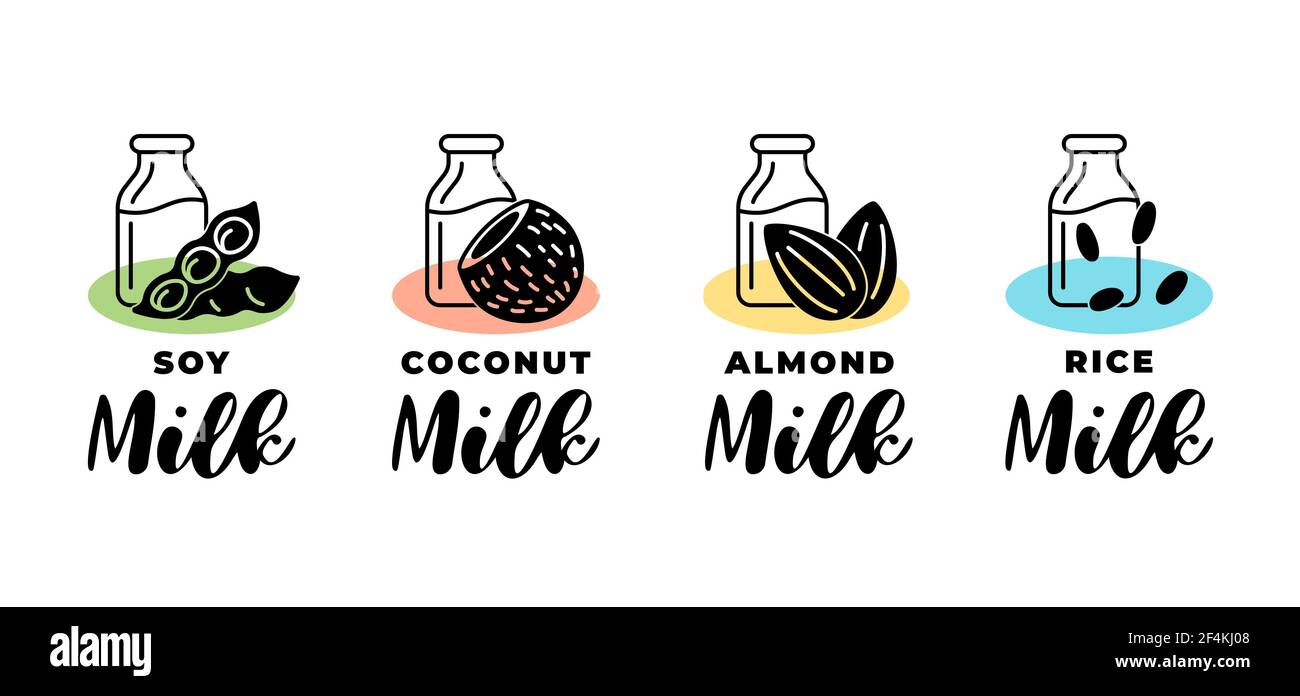 Soy, almond, coconut and rice vegetarian milk logo set. Vegan dairy packaging linear badge design element set. Hand drawn healthy lactose free drinks isolated logotype collection vector illustration Stock Vector