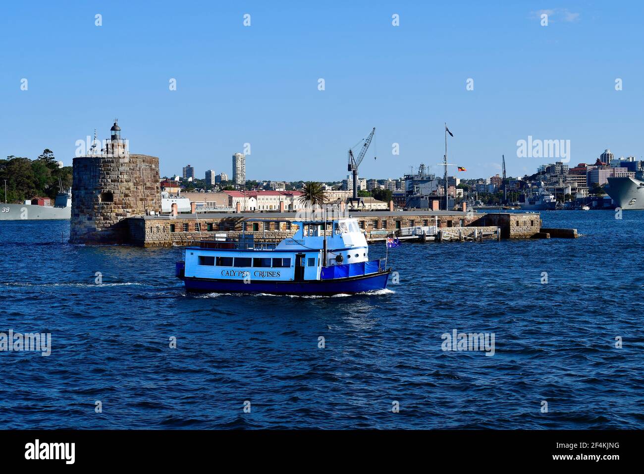 Sydney, NSW, Australia - October 29, 2017: Cruise ship in front of Fort Denison former known Pinchgut, now used as restaurant Stock Photo