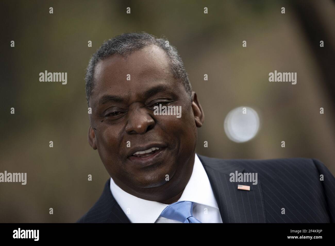 Kabul, Afghanistan. 22nd Mar, 2021. Secretary of Defense Lloyd J. Austin talks to reporters at Resolute Support Headquarters, Kabul, Afghanistan, March 21, 2021. Photo by Lisa Ferdinando/DoD/UPI Credit: UPI/Alamy Live News Stock Photo