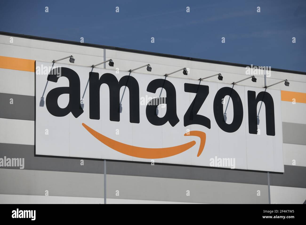 Castel San Giovanni, Italy. 22nd Mar, 2021. Amazon logo at the Castel San  Giovanni Amazon hub, the biggest in Italy, near Piacenza, Italy on March  22, 2021 during the first Amazon national