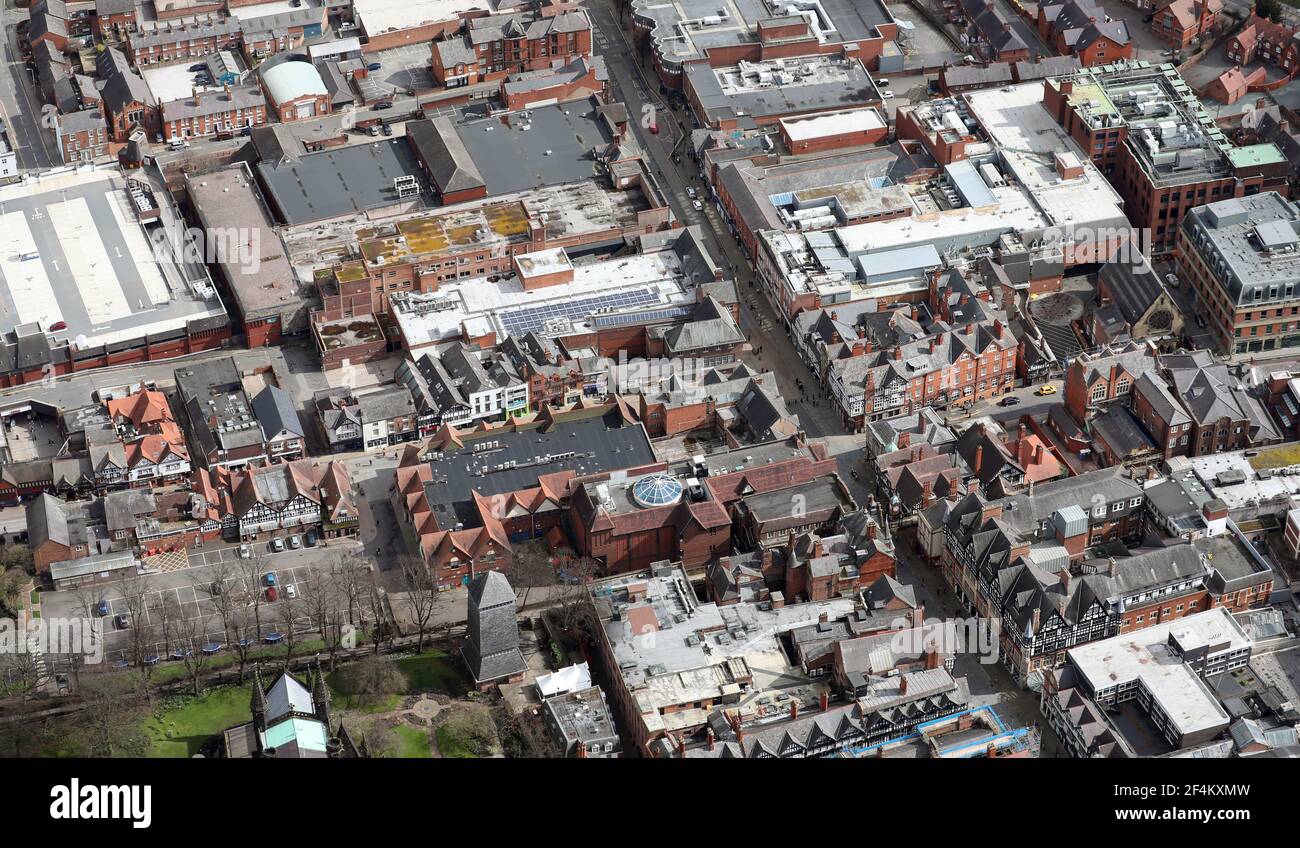 aerial view of Chester city centre looking down Eastgate towards Foregate Street, Cheshire, UK Stock Photo