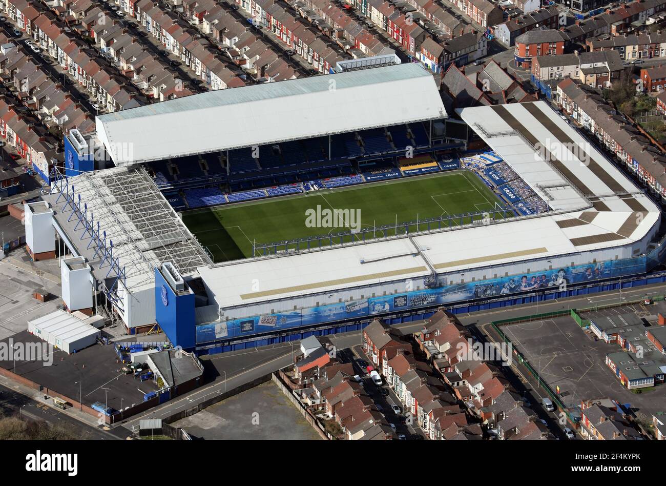 aerial view of Everton FC's Goodison Park football stadium in Liverpool Stock Photo