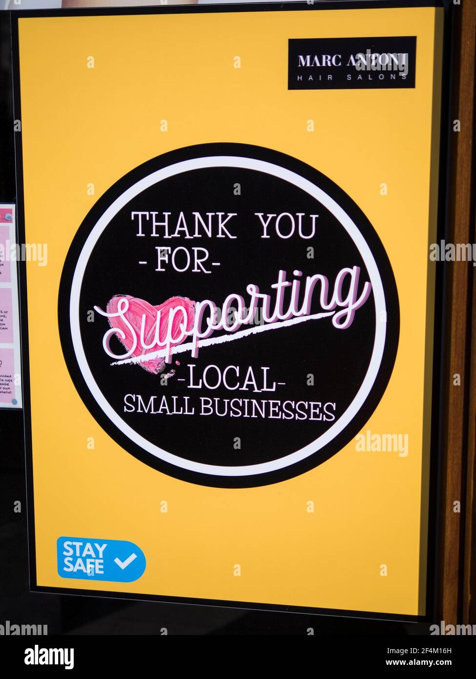 Thank You For Supporting Local Small Businesses, Stay Safe, Marc Antoni, Hair Salon, Henley-on-Thames, Oxfordshire, England, UK, GB. Stock Photo