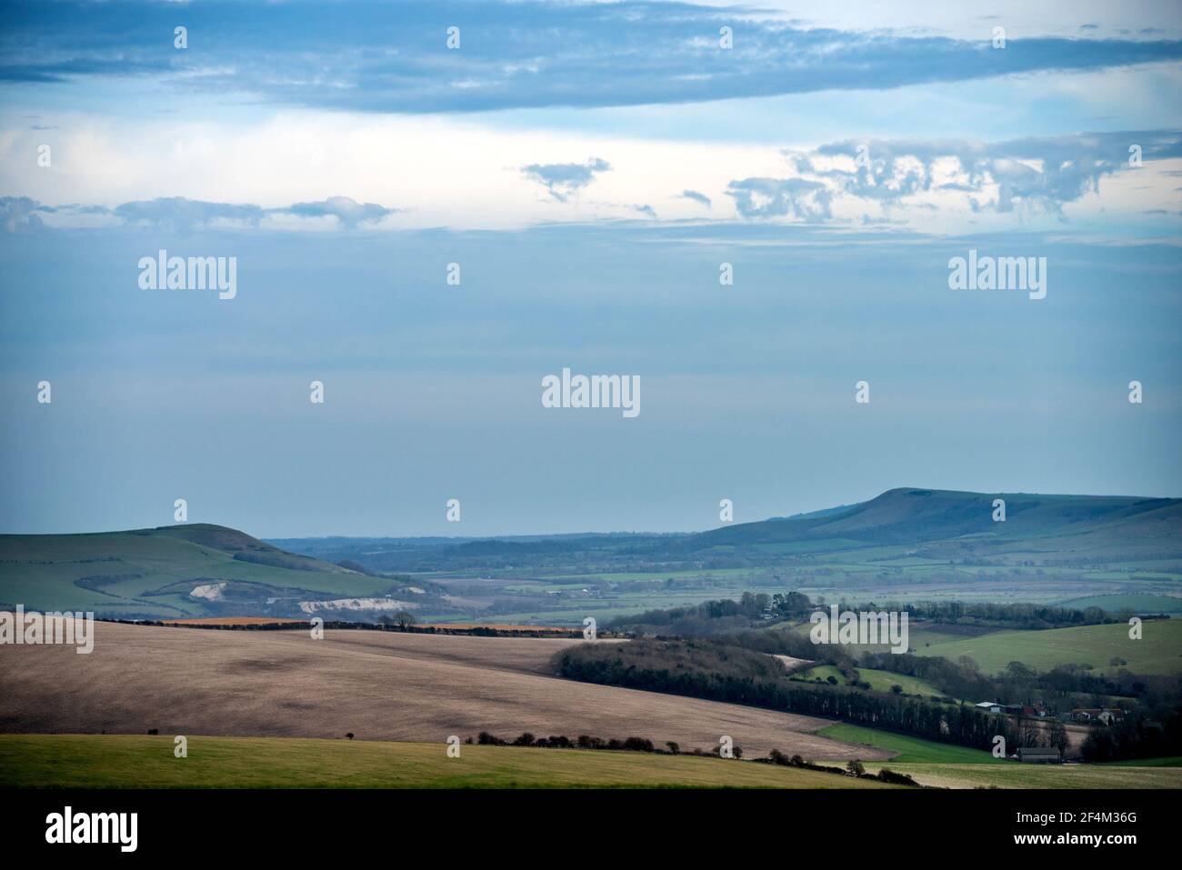 Brighton, February 20th 2021: Mount Caburn (left) and Firle Beacon from Housedean on the outskirts of Brighton Stock Photo