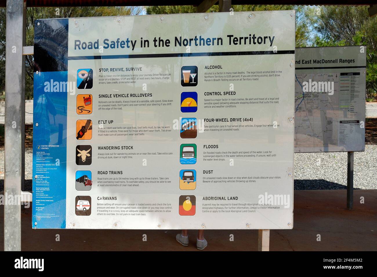 Stuart Highway, NT, Australia - November 15, 2017: Board with warnings and rules for driving in Northern Territory Stock Photo