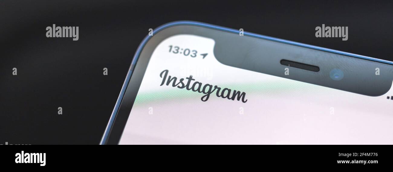 Kharkov, Ukraine - March 22, 2021: Instagram logo banner, mobile phone app photo Stock Photo