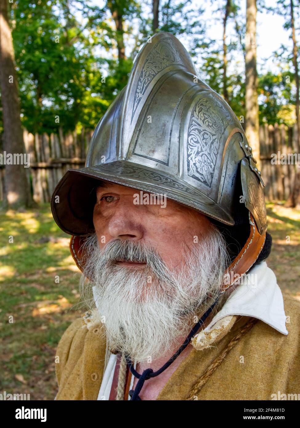 Historical Interpreter dressed as soldier of 'Henrycus.' Stock Photo