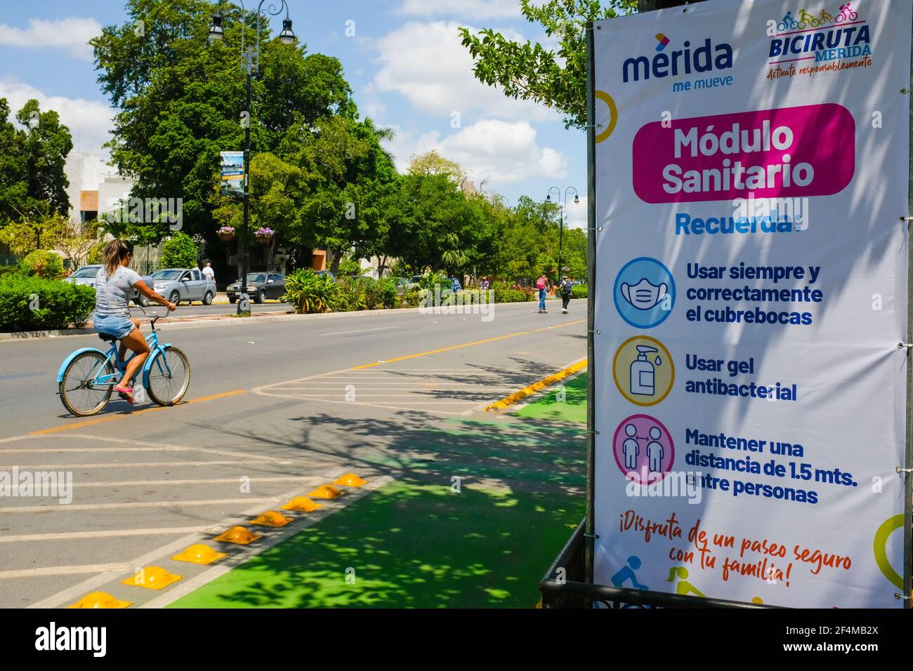 After many months of closure due to the pandemic, the city of Merida in Mexico has restarted its popular 'Cycling Sundays' on the famous Paseo de Montejo avenue. The event has been reorganized and adheres to Covid-19 protective hygiene measures Stock Photo