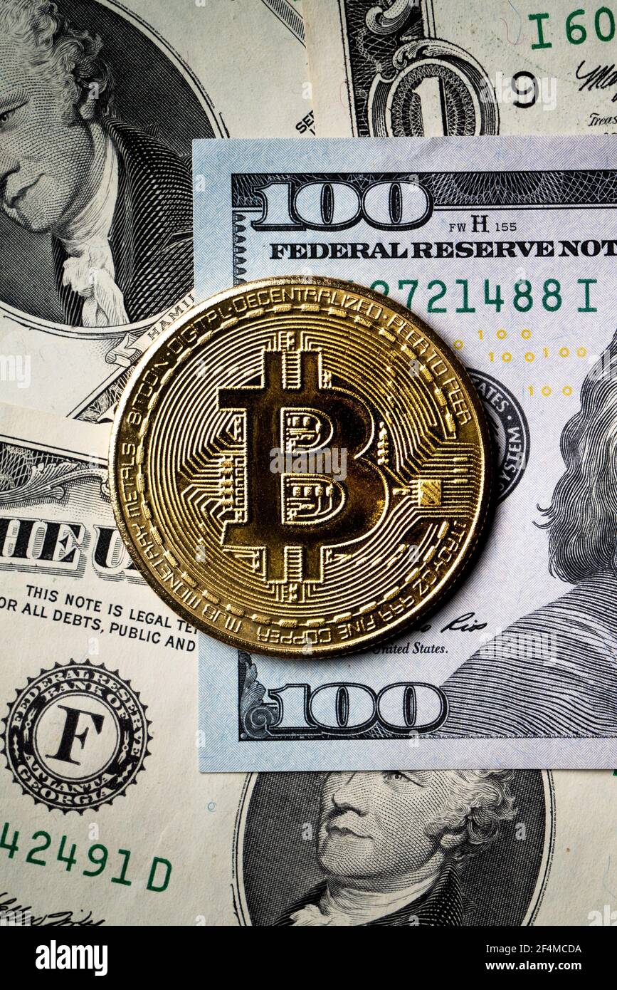 Business top view design concept of cryptocurrency bitcoin with USD Dollar  paper currency money over dark black table background Stock Photo - Alamy