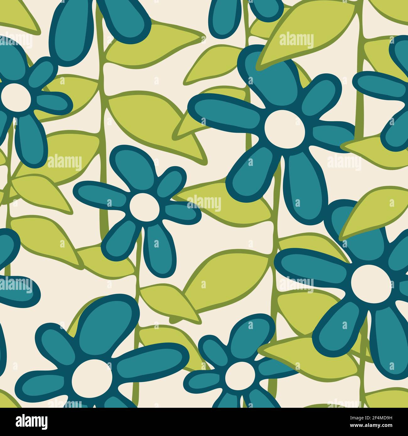 Seamless vector pattern with blue hand drown flowers on off white ...