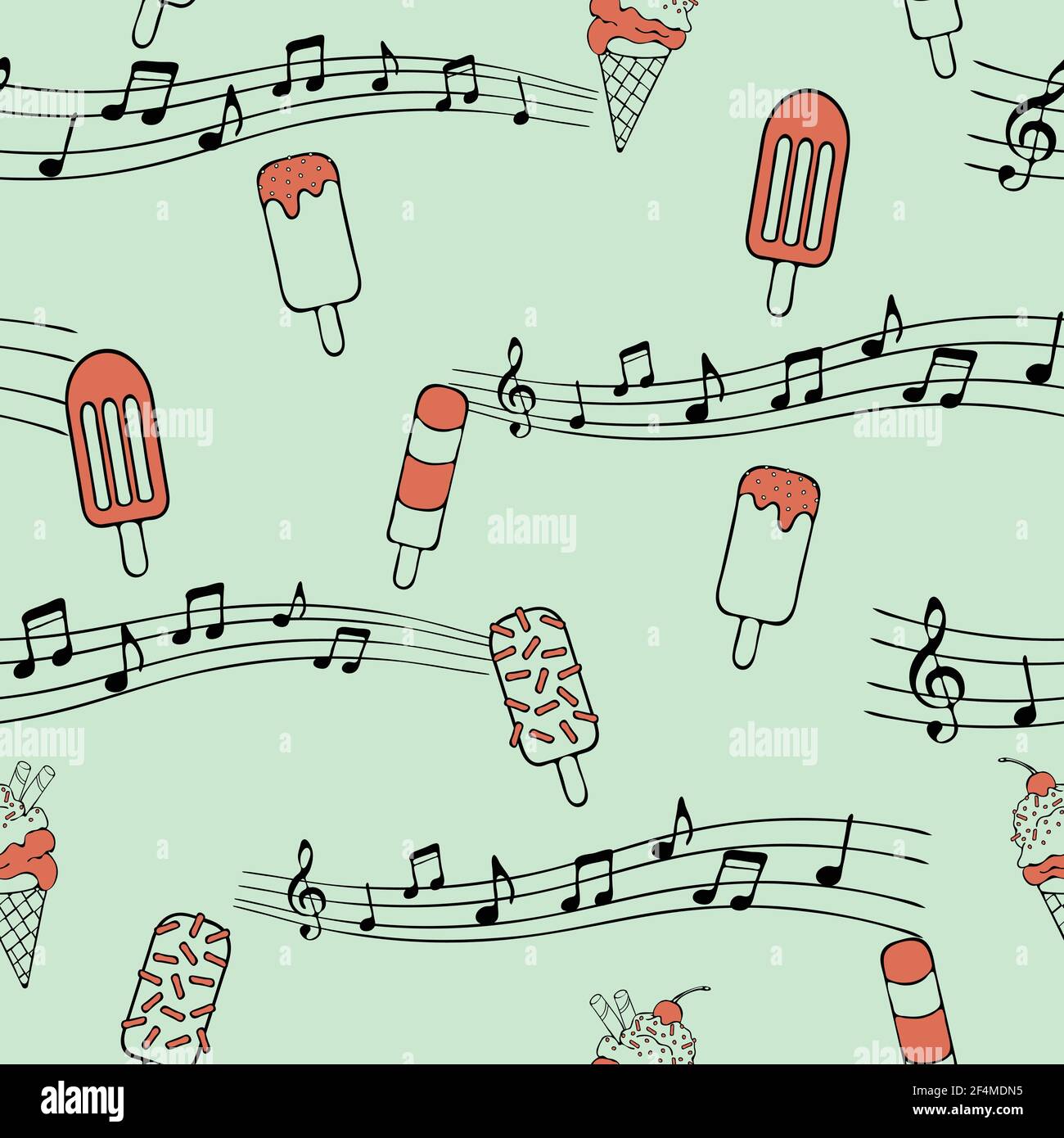 Seamless vector pattern with ice cream and music notes on blue background.  Cute sweet food wallpaper design Stock Vector Image & Art - Alamy