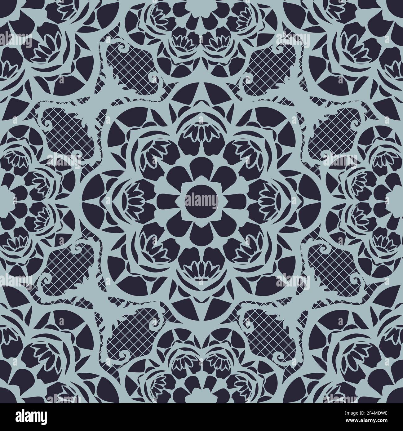 Seamless vector pattern lace texture on blue background. Simple embroidery mandala wallpaper design. Romantic fashion textile decoration. Stock Vector