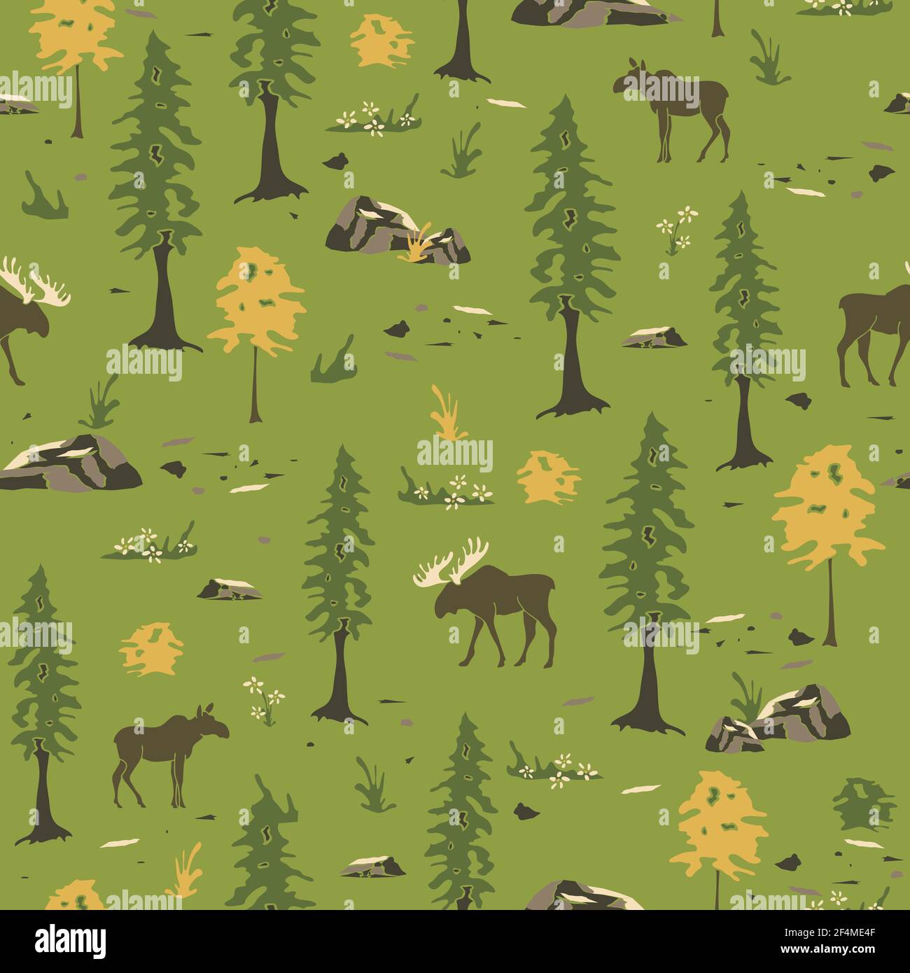 Seamless vector pattern with moose in forest on green background. Canada wild animal wallpaper design Scandinavian landscape. Stock Vector