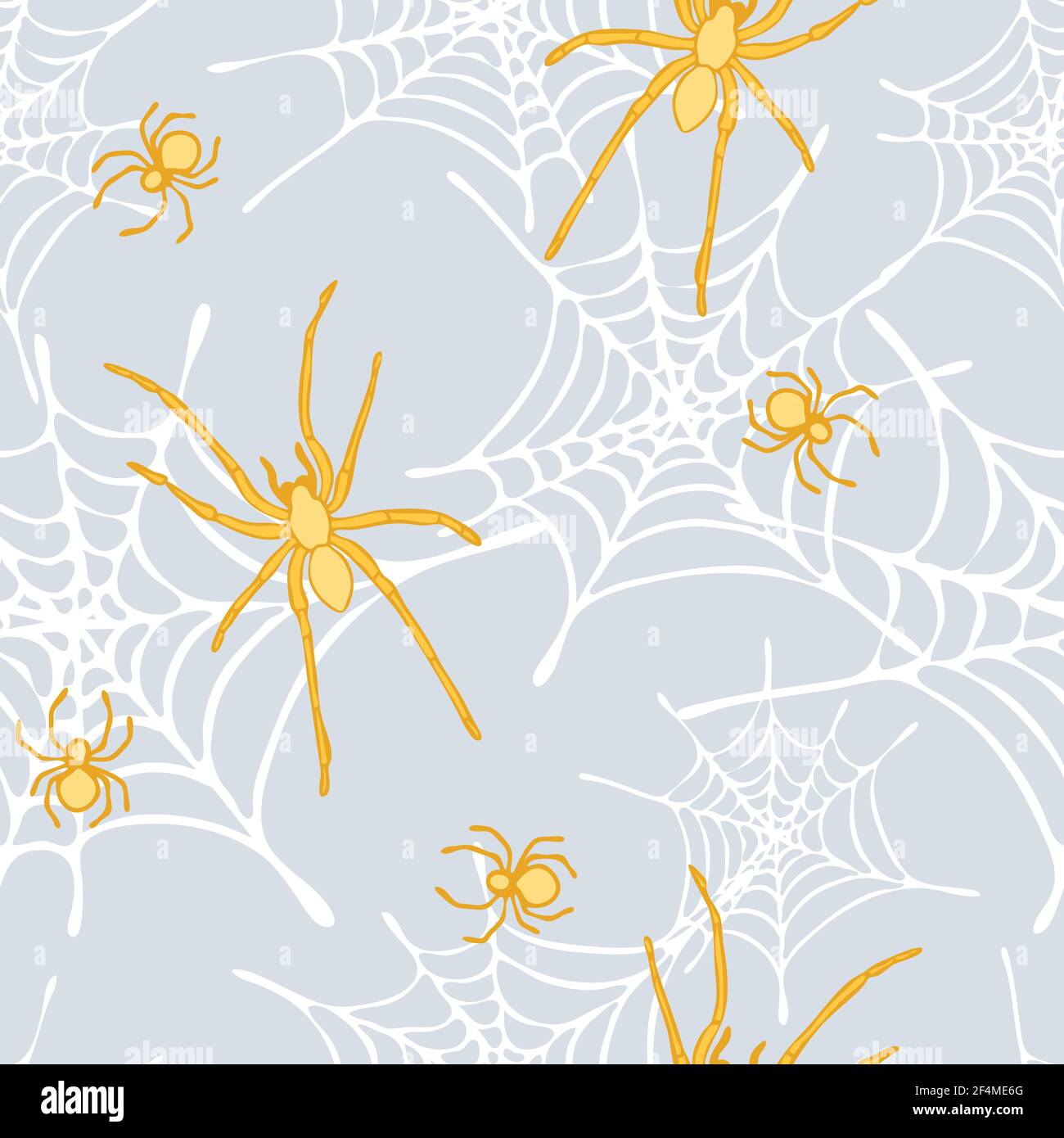 Seamless vector pattern with yellow spiders and spiderweb on light blue background. Animal wallpaper design. Stock Vector