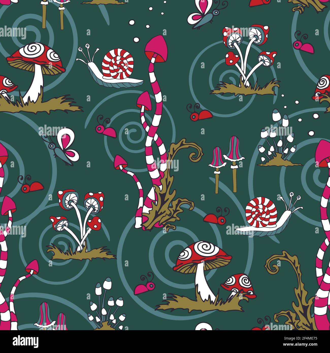 Seamless vector pattern with magic mushrooms on dark green background. Fantasy forest wallpaper design with insects and snails. Crazy fashion textile. Stock Vector