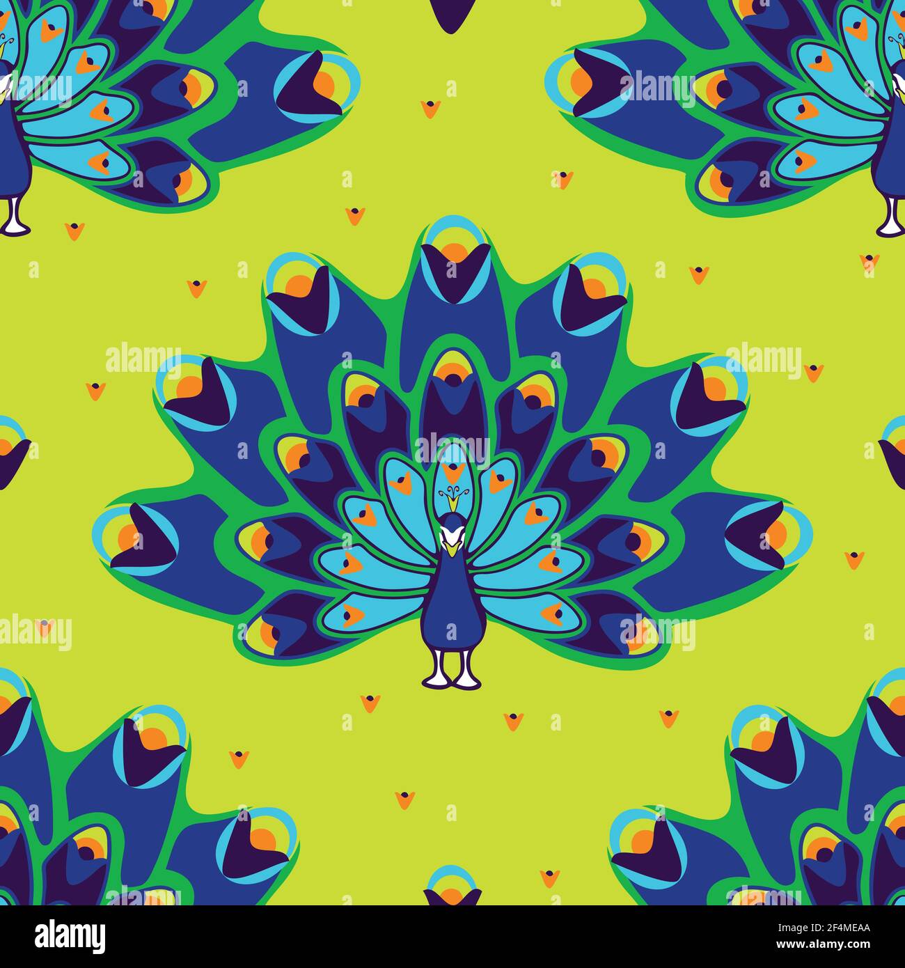 Seamless vector pattern with peacock on yellow background. Simple abstract bird wallpaper design. Ethnic fashion textile. Stock Vector