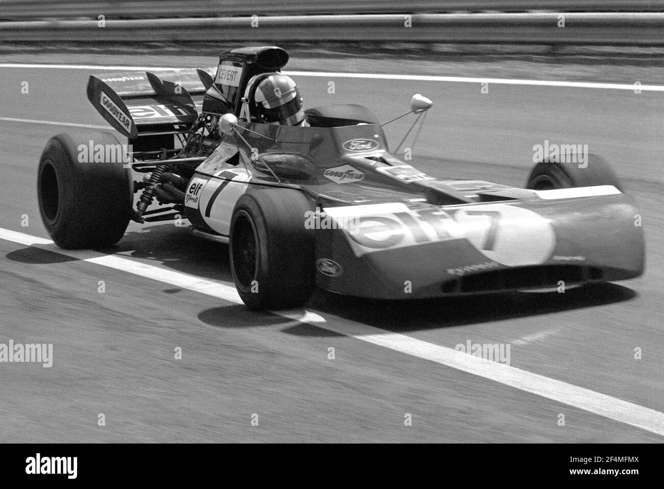 François CEVERTdriving Tyrrell-Ford F1 car in full speed during 1972 Grand Prix de France, in Charade circuit near Clermont-Ferrand. Stock Photo