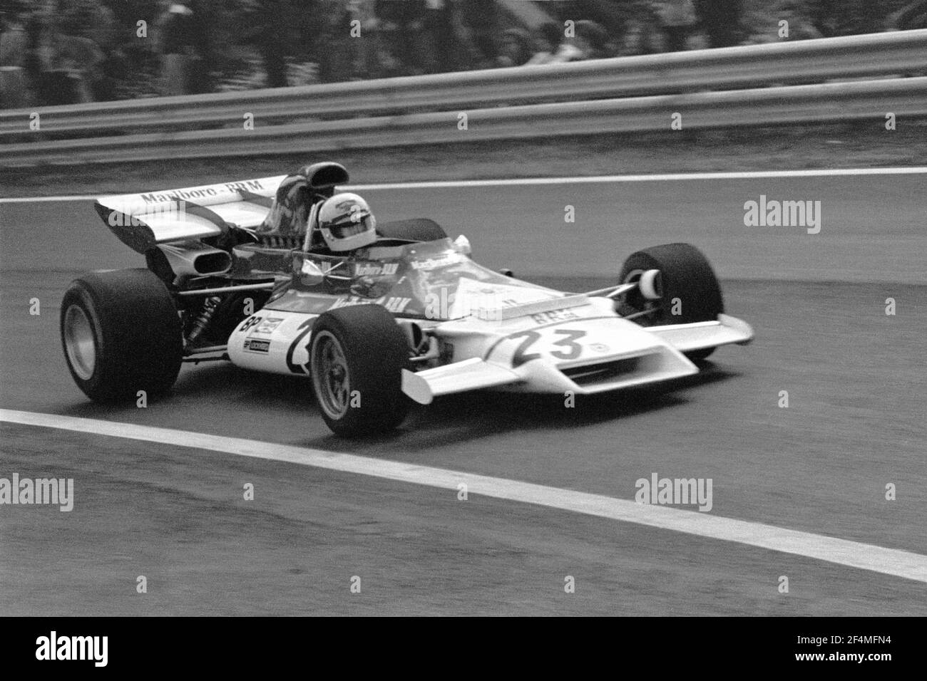 Howden GANLEY driving BRM F1 car in full speed during 1972 Grand Prix de France, in Charade circuit near Clermont-Ferrand. Stock Photo