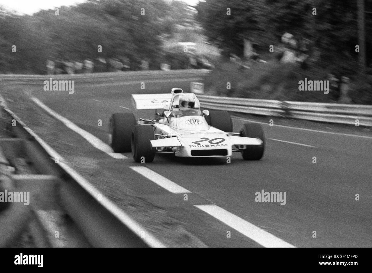 Carlos REUTEMANN driving Brabham-Ford F1 car in full speed during 1972 Grand Prix de France, in Charade circuit near Clermont-Ferrand. Stock Photo