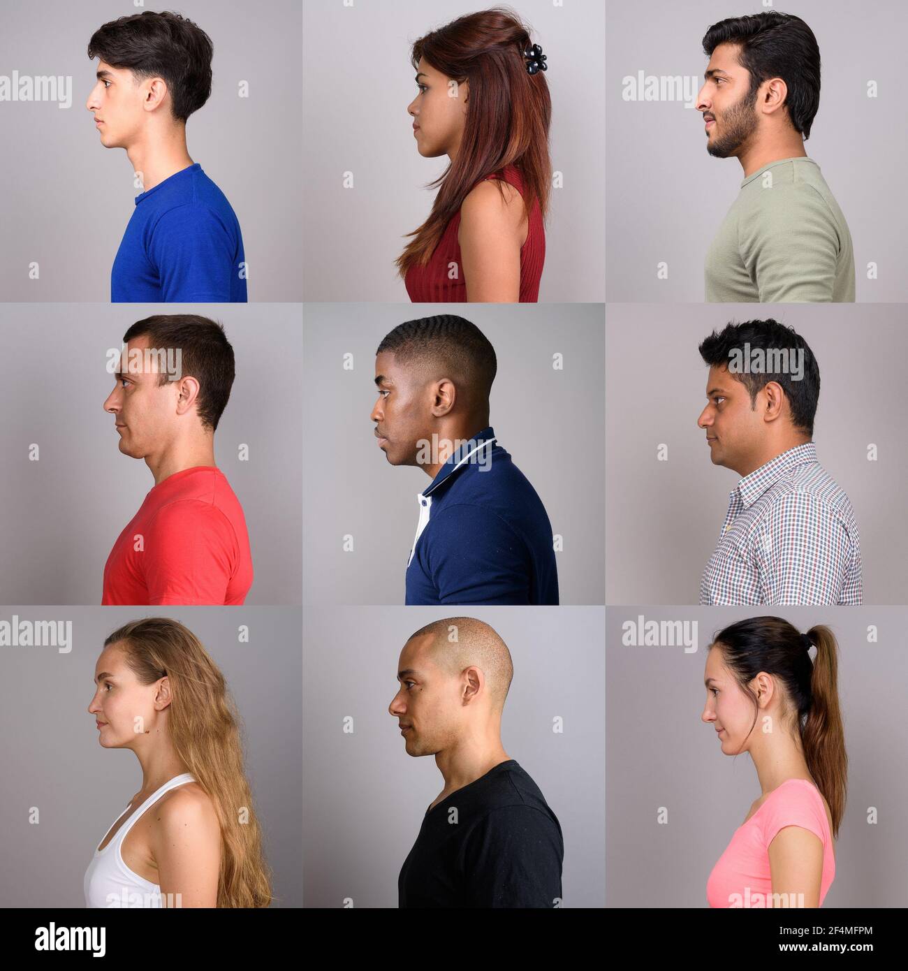 Profile view collage of people faces against studio background Stock Photo