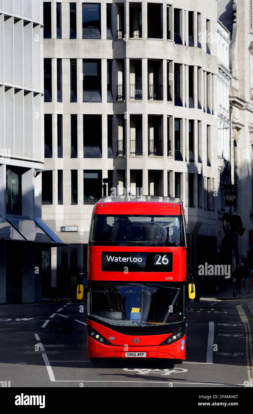 London, England, UK. Red double decker bus in Ludgate Hill in the City of London Stock Photo