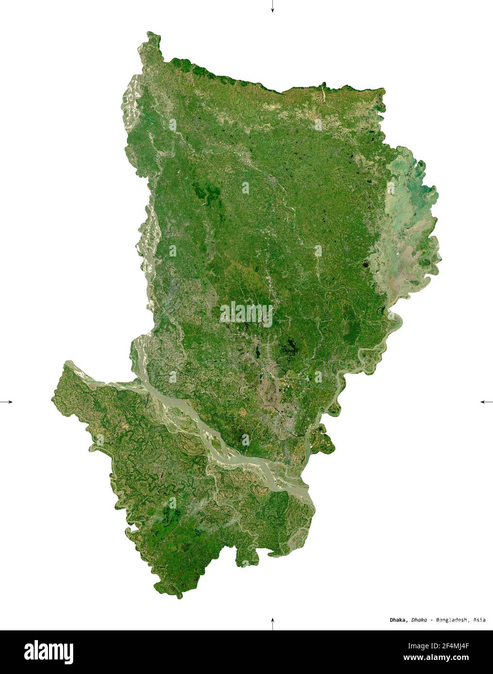 Dhaka, division of Bangladesh. Sentinel-2 satellite imagery. Shape isolated on white solid. Description, location of the capital. Contains modified Co Stock Photo