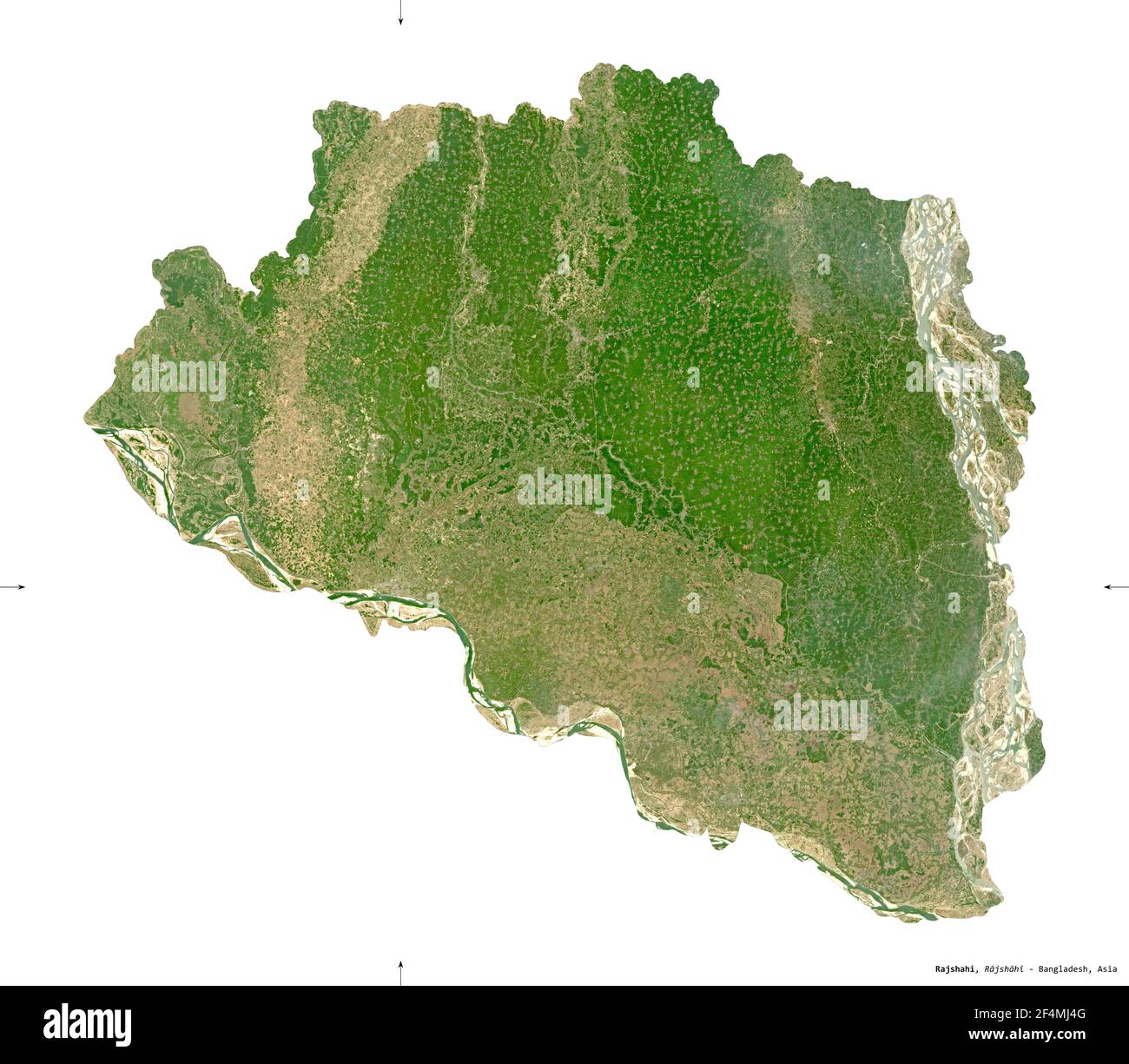 Rajshahi, division of Bangladesh. Sentinel-2 satellite imagery. Shape isolated on white solid. Description, location of the capital. Contains modified Stock Photo
