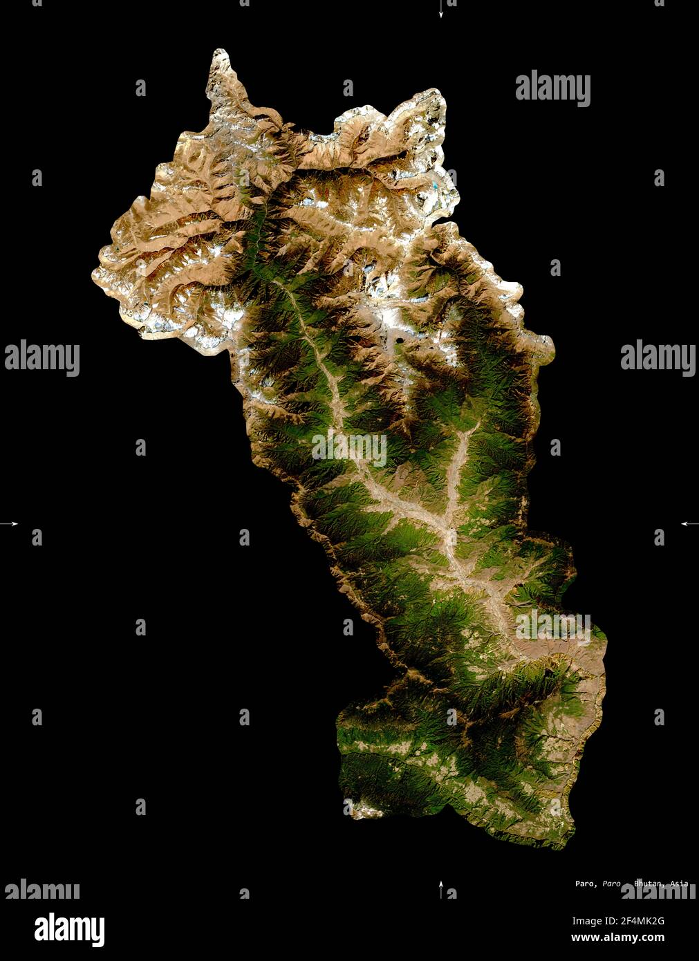 Paro District Of Bhutan Sentinel 2 Satellite Imagery Shape Isolated   Paro District Of Bhutan Sentinel 2 Satellite Imagery Shape Isolated On Black Description Location Of The Capital Contains Modified Copernicus Se 2F4MK2G 