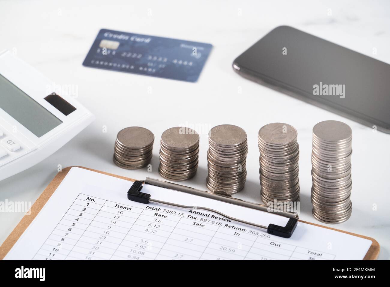 Design concept of annual summary analysis review report with calculator, paying with electronic device and credit card. Stock Photo