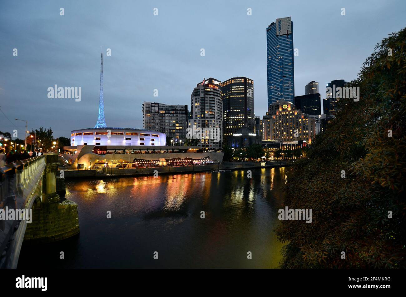 Melbourne, VIC, Australia - November 05, 2017: Night scene with illuminated buildings on Southbank of Yarra river Stock Photo