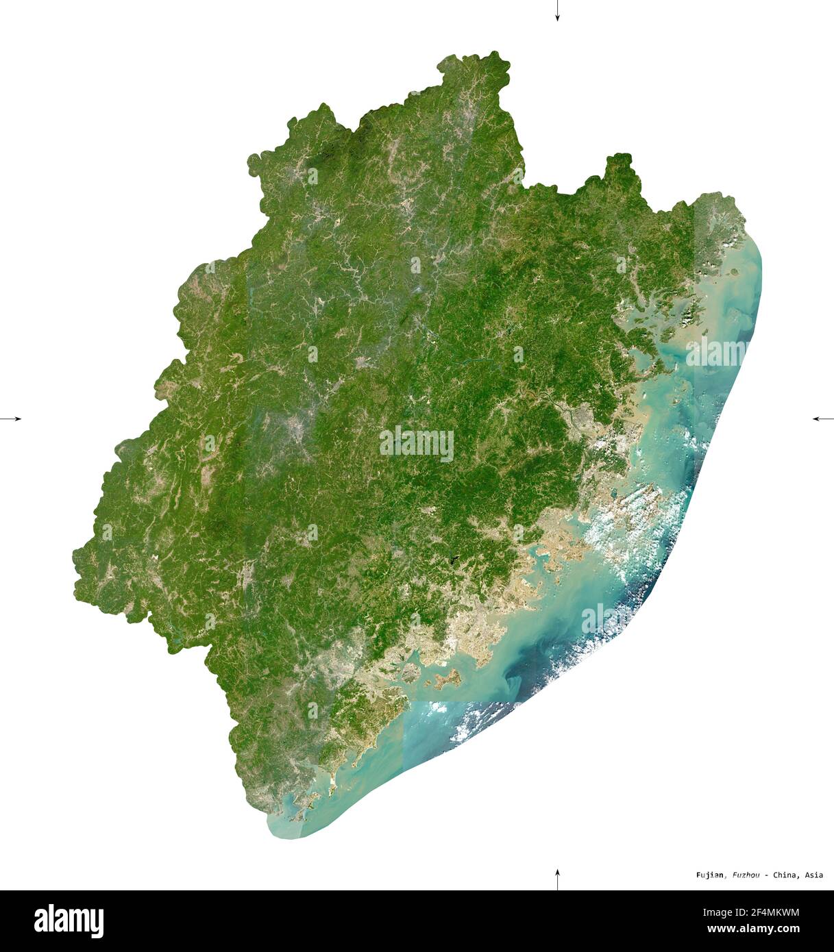 Fujian, province of China. Sentinel-2 satellite imagery. Shape isolated on white solid. Description, location of the capital. Contains modified Copern Stock Photo