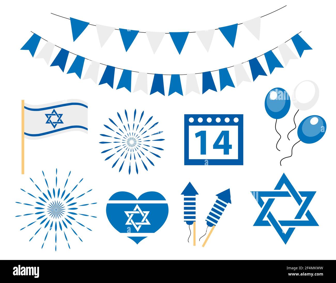 Happy israel independence day icons set. Jewish holiday, flag, bunting, star of david, fireworks