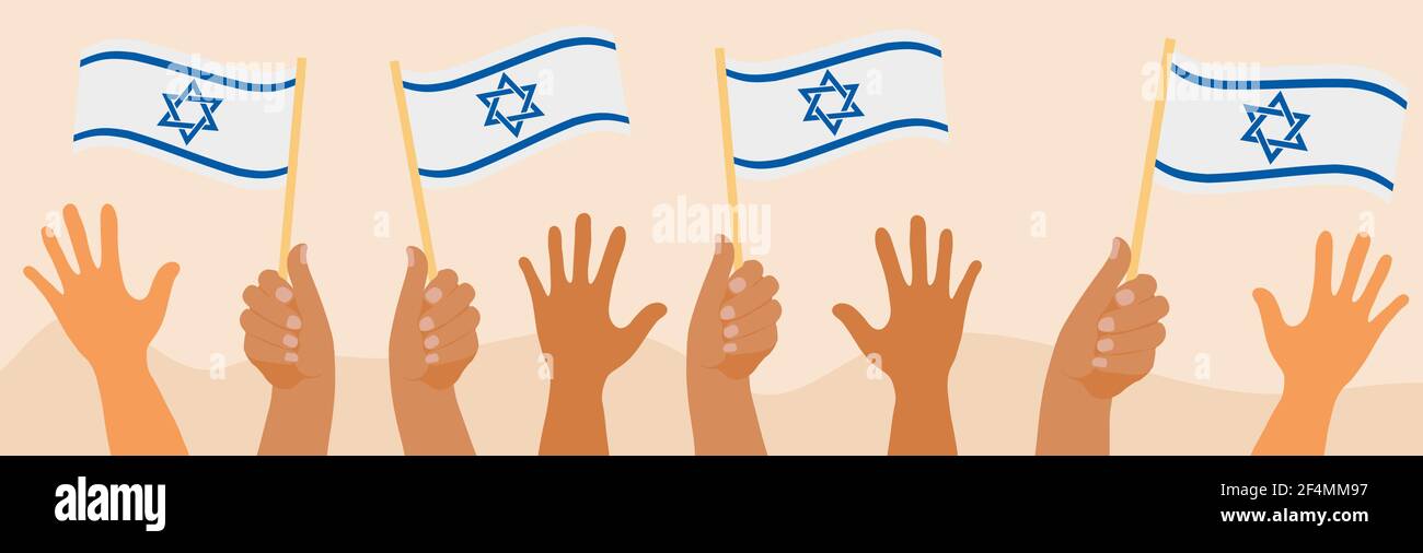 Happy Israel Independence Day banner, hands hold israel flag. Jewish National Holidays. Vector illustration Stock Vector