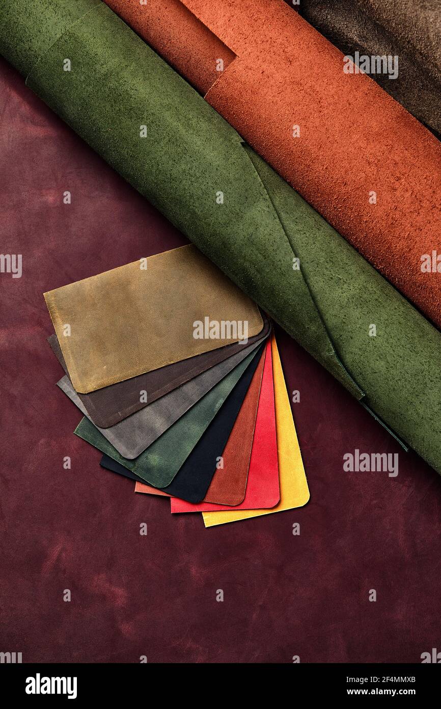 Artificial leather samples on a cow leather background. Top view Stock Photo