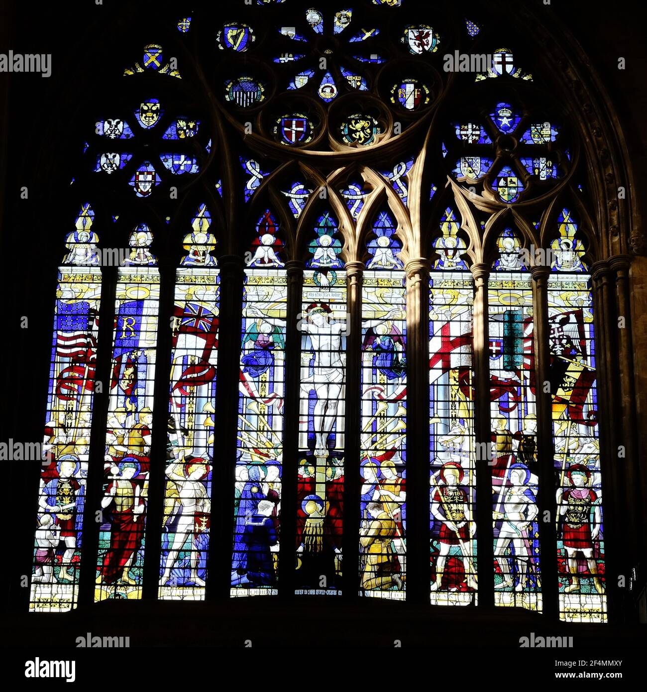 CHESTER, UNITED KINGDOM - Mar 17, 2021: Stained glass window situated above the main west entrance to St. Albans Cathedral in St. Albans, UK. Stock Photo