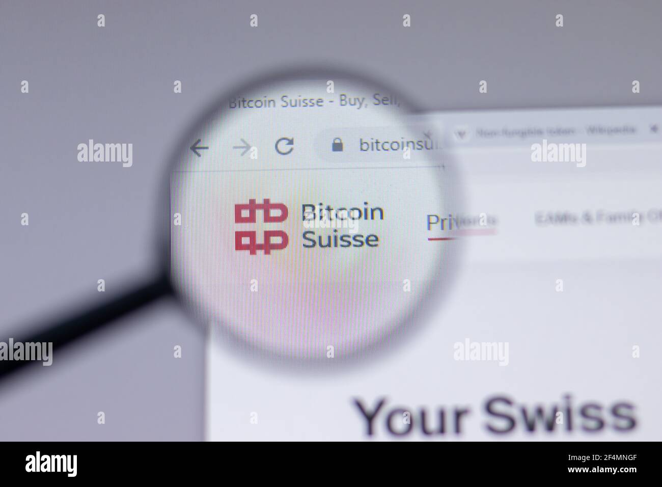 New York, USA - 18 March 2021: Bitcoin Suisse logo sign, icon on website close-up, Illustrative Editorial Stock Photo