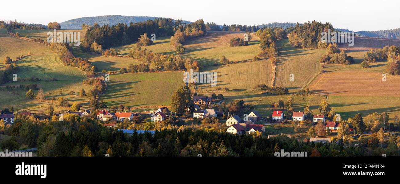 autumn view from bohemian and moravian highland, Vecov village, Zdarske vrchy,  Czech Republic Stock Photo