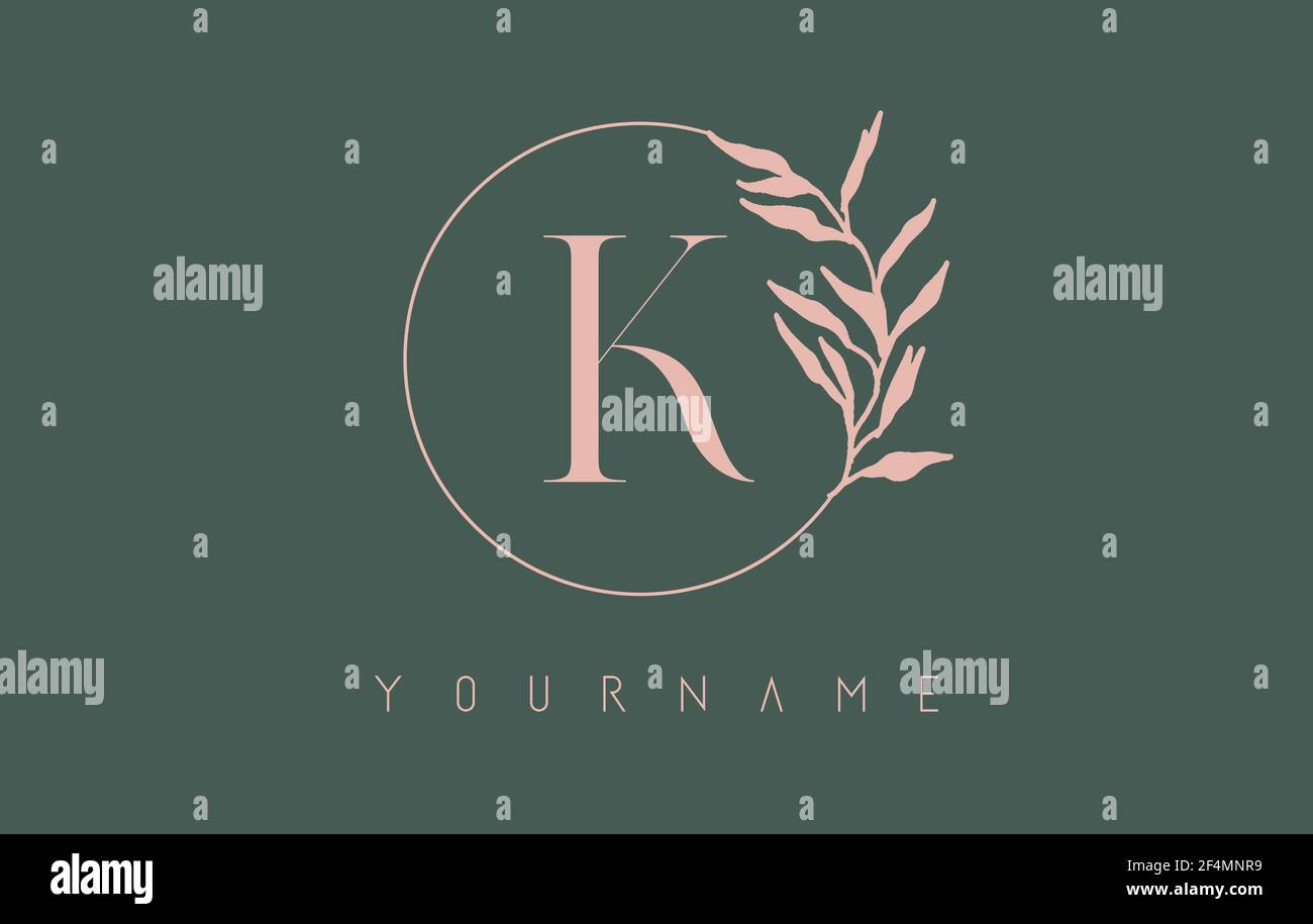 K Letter logo design with dust pink circle and leaves on a green ...