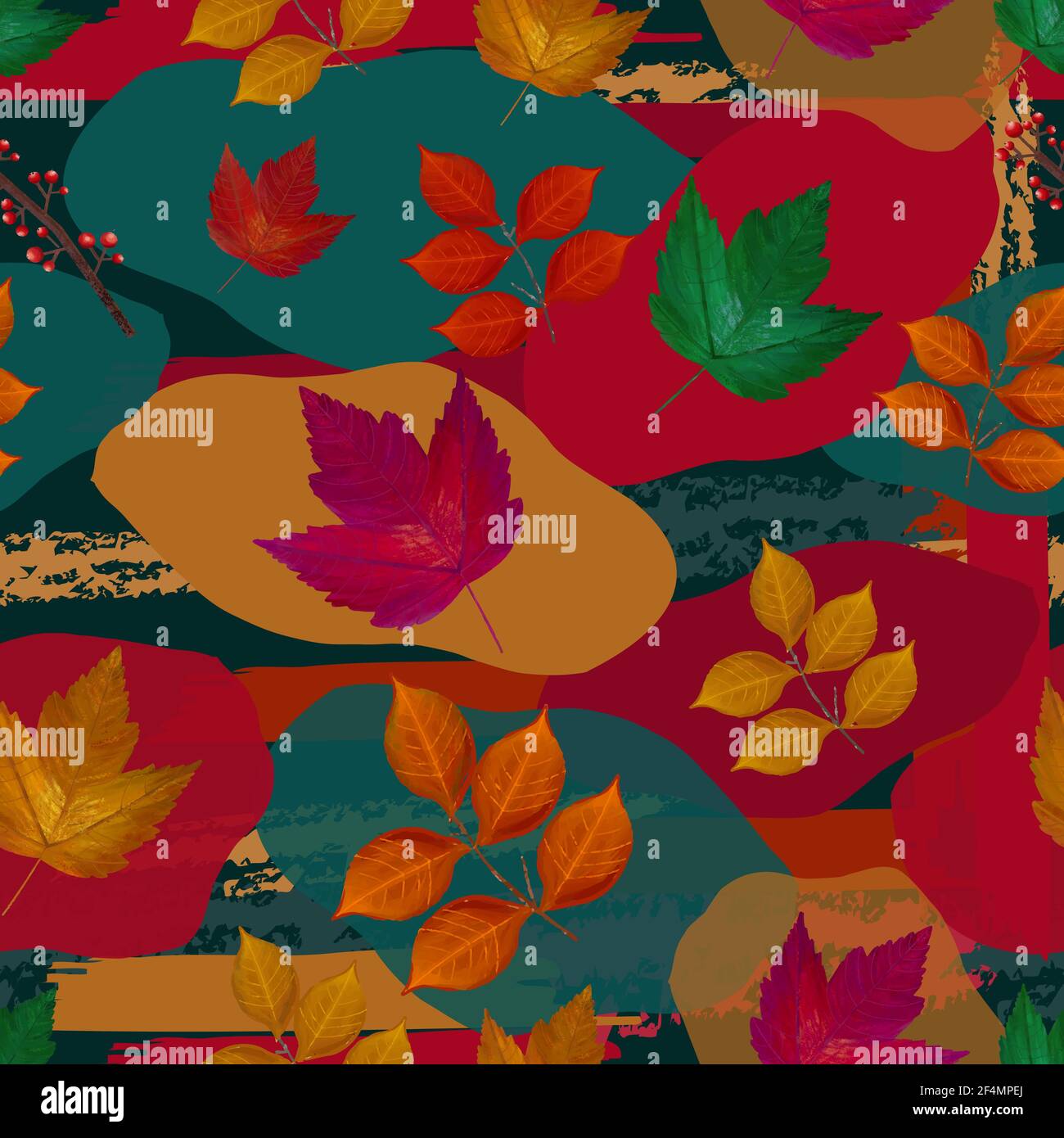 Vector Seamless Hand Drawn Autumn, Fall Leaves on a Colorful Background ...