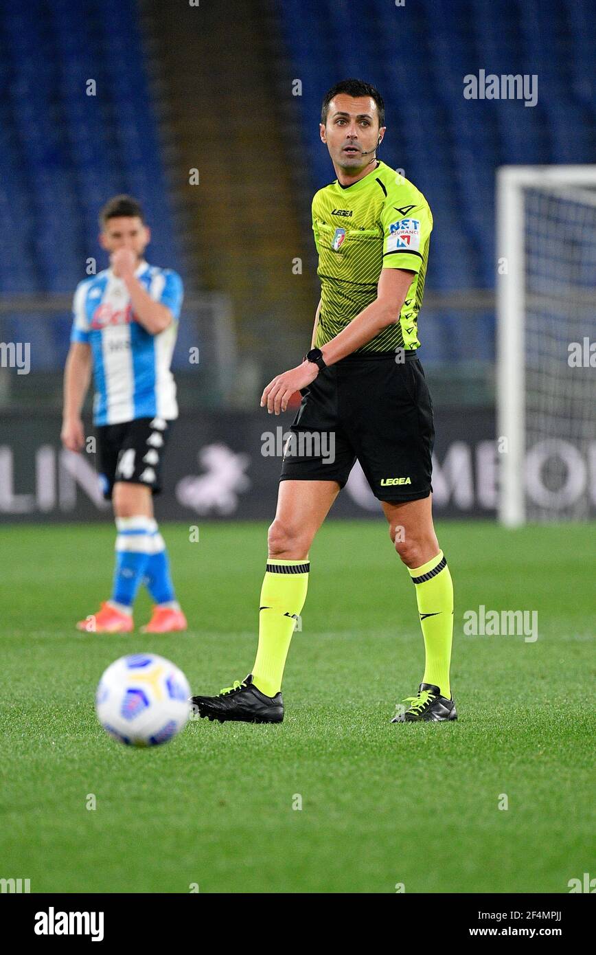 Referee Marco Di Bello during the 2020-2021 Italian Serie A Championship League match between A.S. Roma and S.S.C. Napoli at Stadio Olimpico.Final score; A.S. Roma 0:2 S.S.C. Napoli. Stock Photo