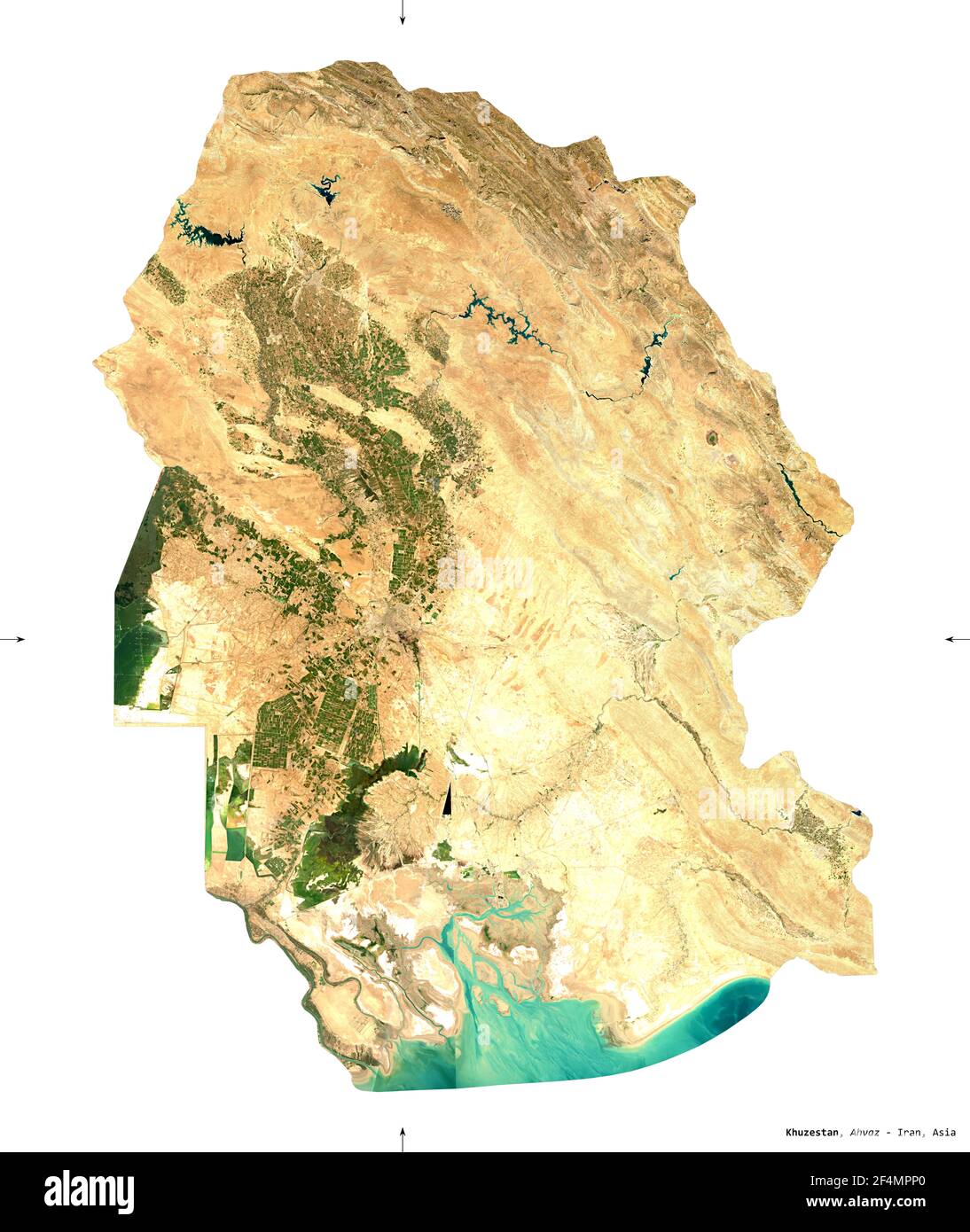 Khuzestan, province of Iran. Sentinel-2 satellite imagery. Shape isolated on white solid. Description, location of the capital. Contains modified Cope Stock Photo