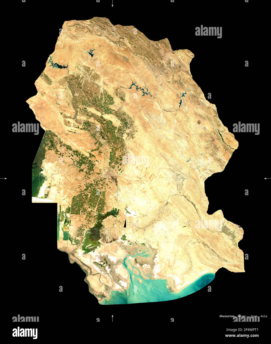 Khuzestan, province of Iran. Sentinel-2 satellite imagery. Shape isolated on black. Description, location of the capital. Contains modified Copernicus Stock Photo