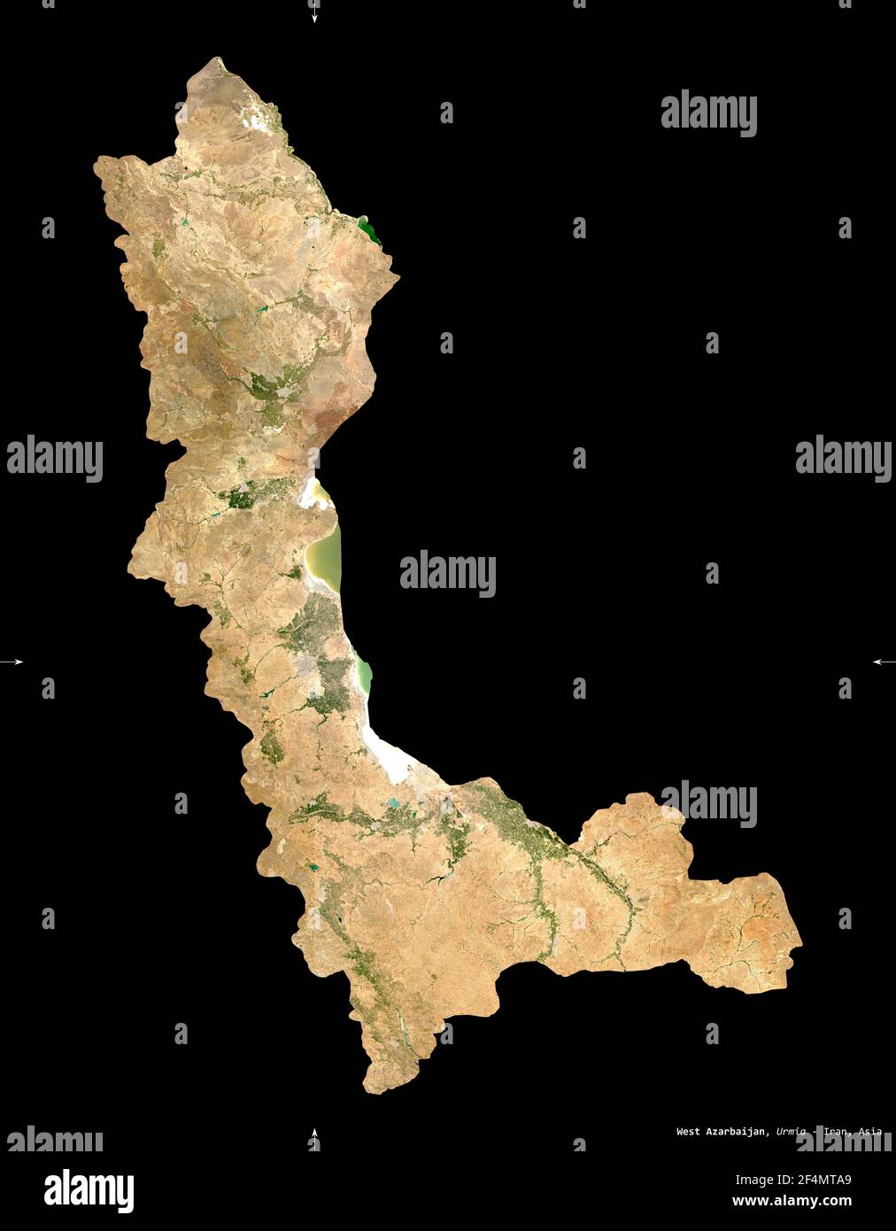 West Azarbaijan, province of Iran. Sentinel-2 satellite imagery. Shape isolated on black. Description, location of the capital. Contains modified Cope Stock Photo