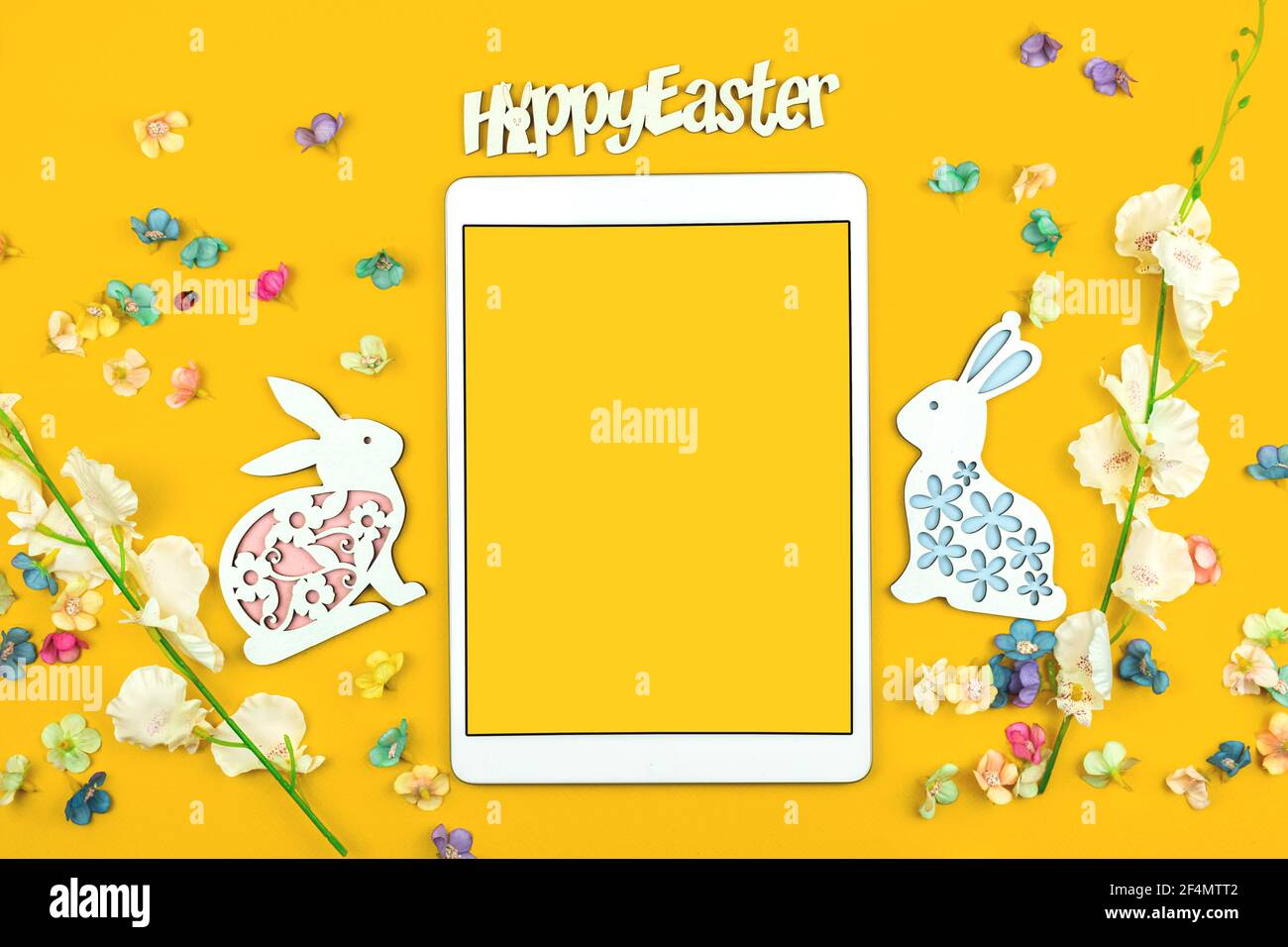 Happy Easter template, mockup on yellow background with modern frame for your text Stock Photo