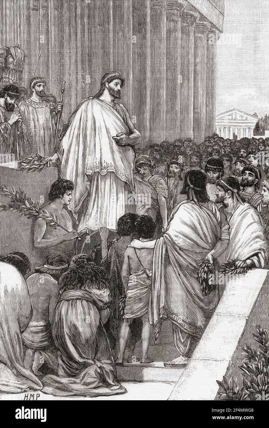 Pericles delivering his funeral oration in honour of the   Athenians who died for their city. Pericles, c. 495 – 429 BC.  Prominent and influential Greek statesman, orator and general of Athens. From Cassell's Universal History, published 1888. Stock Photo