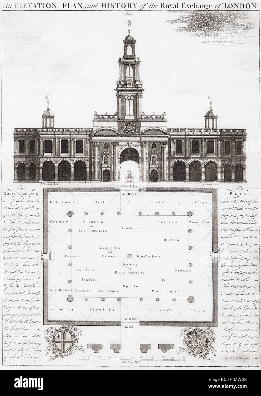 Elevation showing facade and plan of London's Royal Exchange in the mid-18th century.  This building, designed by Edward Jarman, was destroyed by fire in 1838, as was the original Exchange in the Great Fire of London in 1666.  The current buiding in Cornhill, is the third iteration of the  Exchange.  After an engraving by Anthony Walker from a work by John Donowell Stock Photo