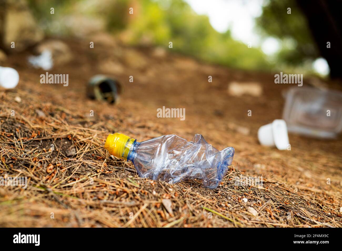 closeup of a used plastic bottle thrown on the ground of a forest, next to some other garbage, such as used food cans and plastic containers Stock Photo